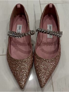 Jimmy Choo Rose Pink Glitter Pointed Flats with Crystal Strap